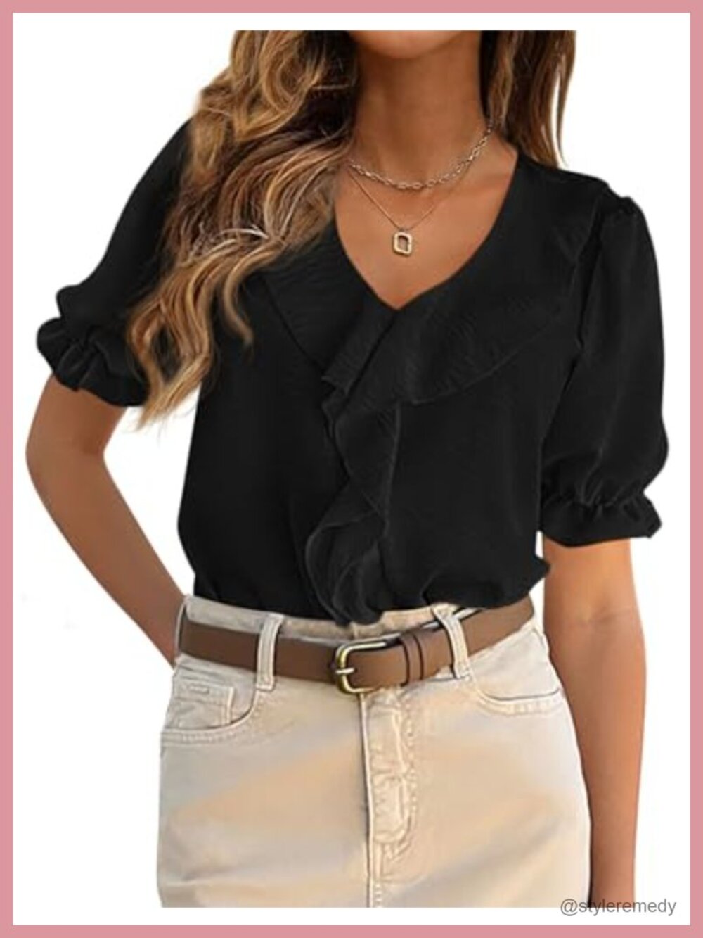 Women's Ruffle V-Neck Blouse Short Sleeve Dressy Casual Top